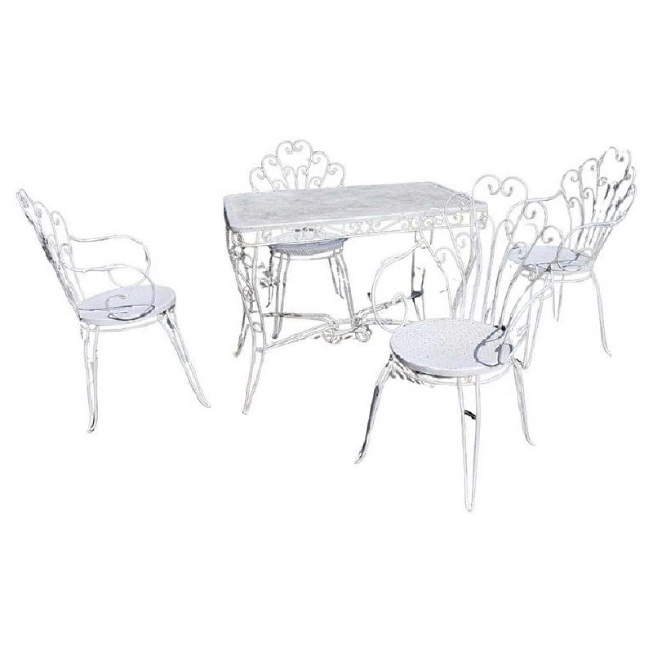 Tavolo e quattro sedie da giardino in ferro bianco, anni '70 1