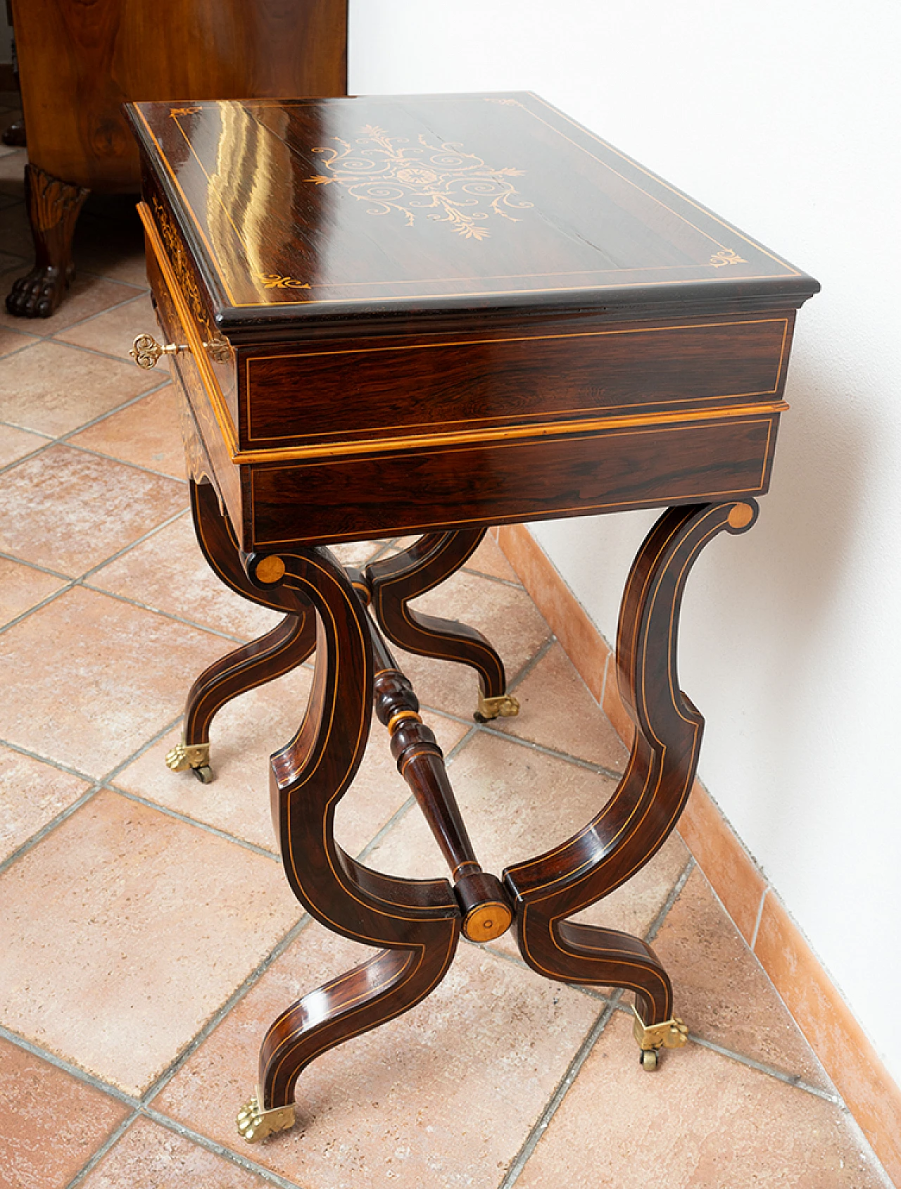 Tavolino da lavoro Carlo X in legno esotico con specchio, inizio '800 4