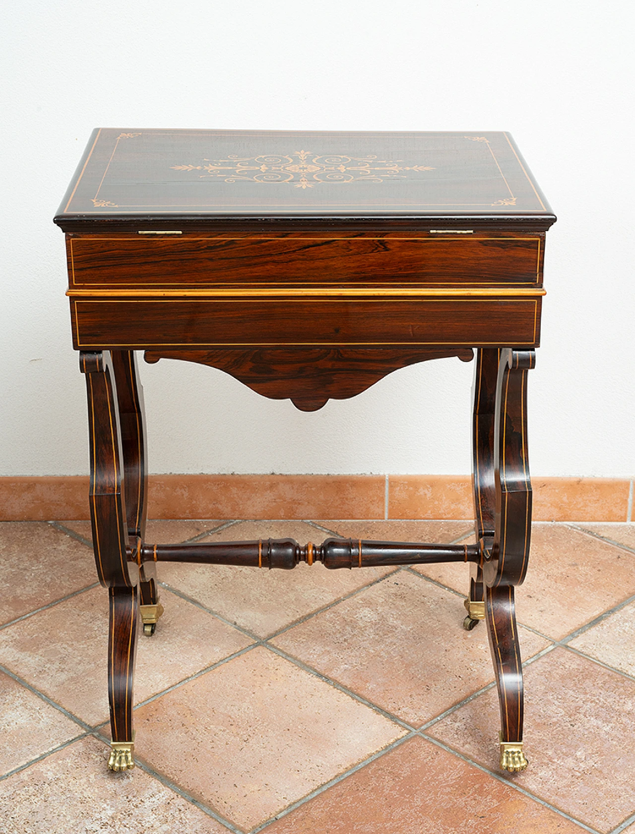 Tavolino da lavoro Carlo X in legno esotico con specchio, inizio '800 5