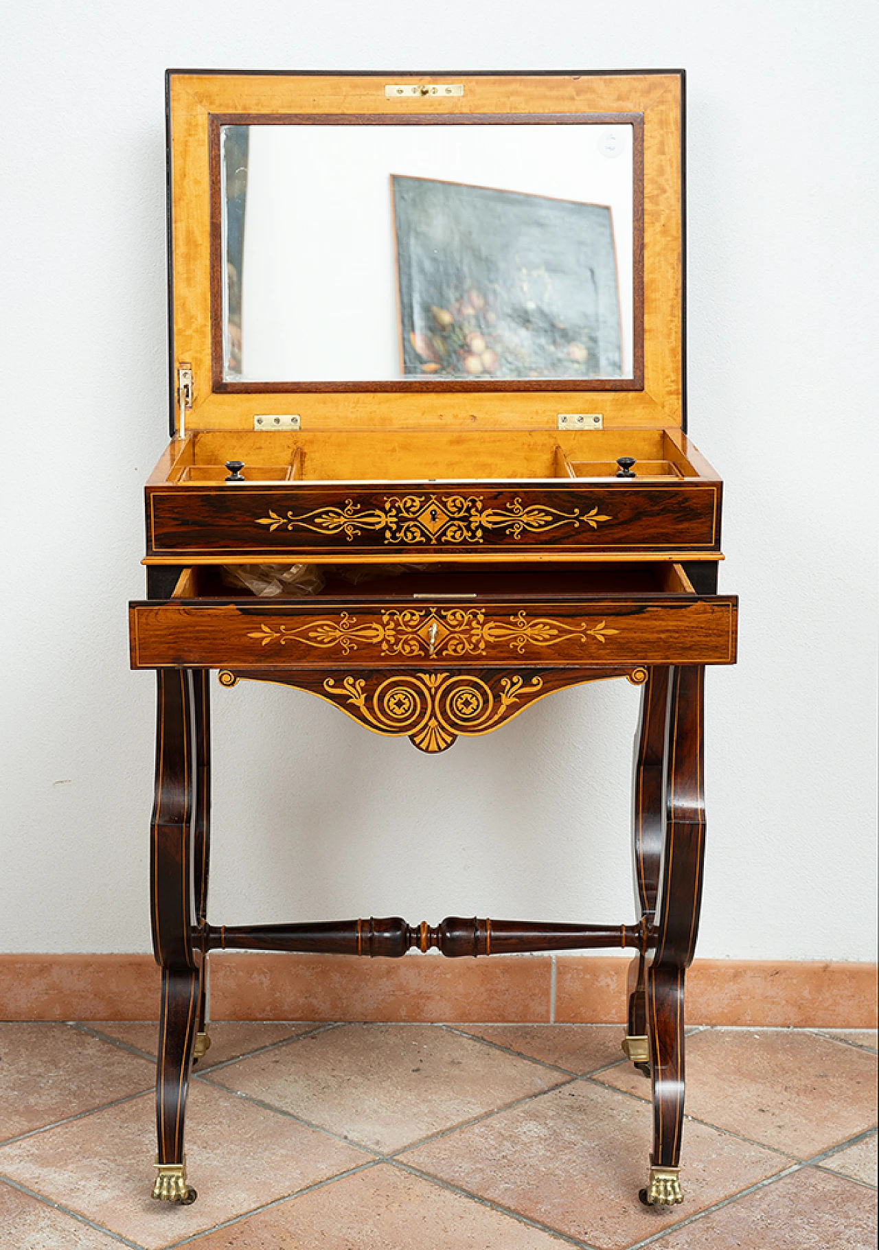 Tavolino da lavoro Carlo X in legno esotico con specchio, inizio '800 6
