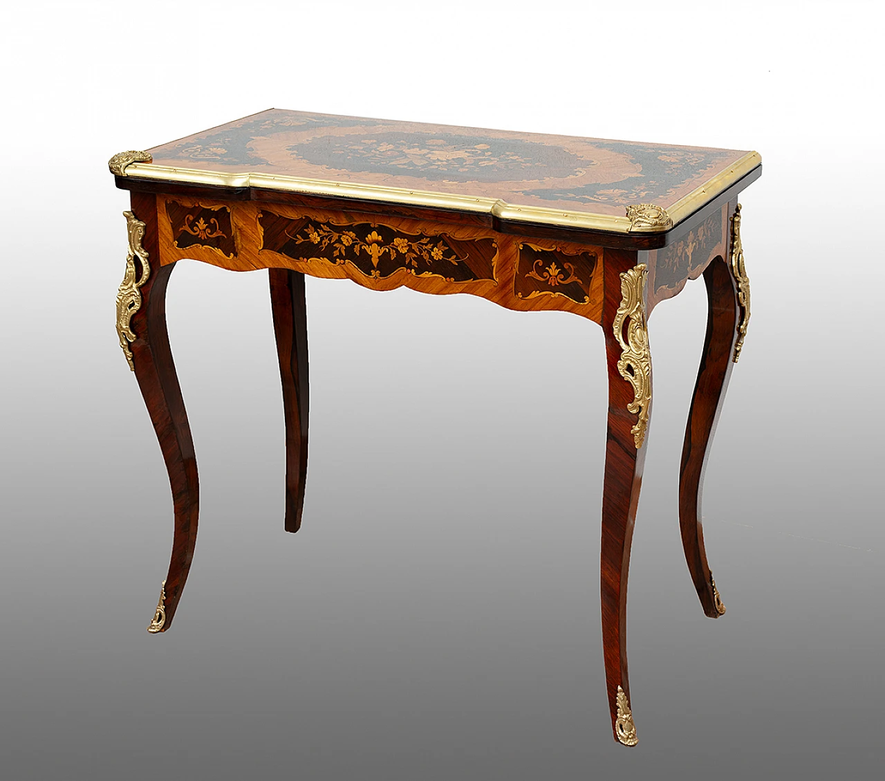 Tavolino da gioco Napoleone III in legno intarsiato e bronzo, '800 1