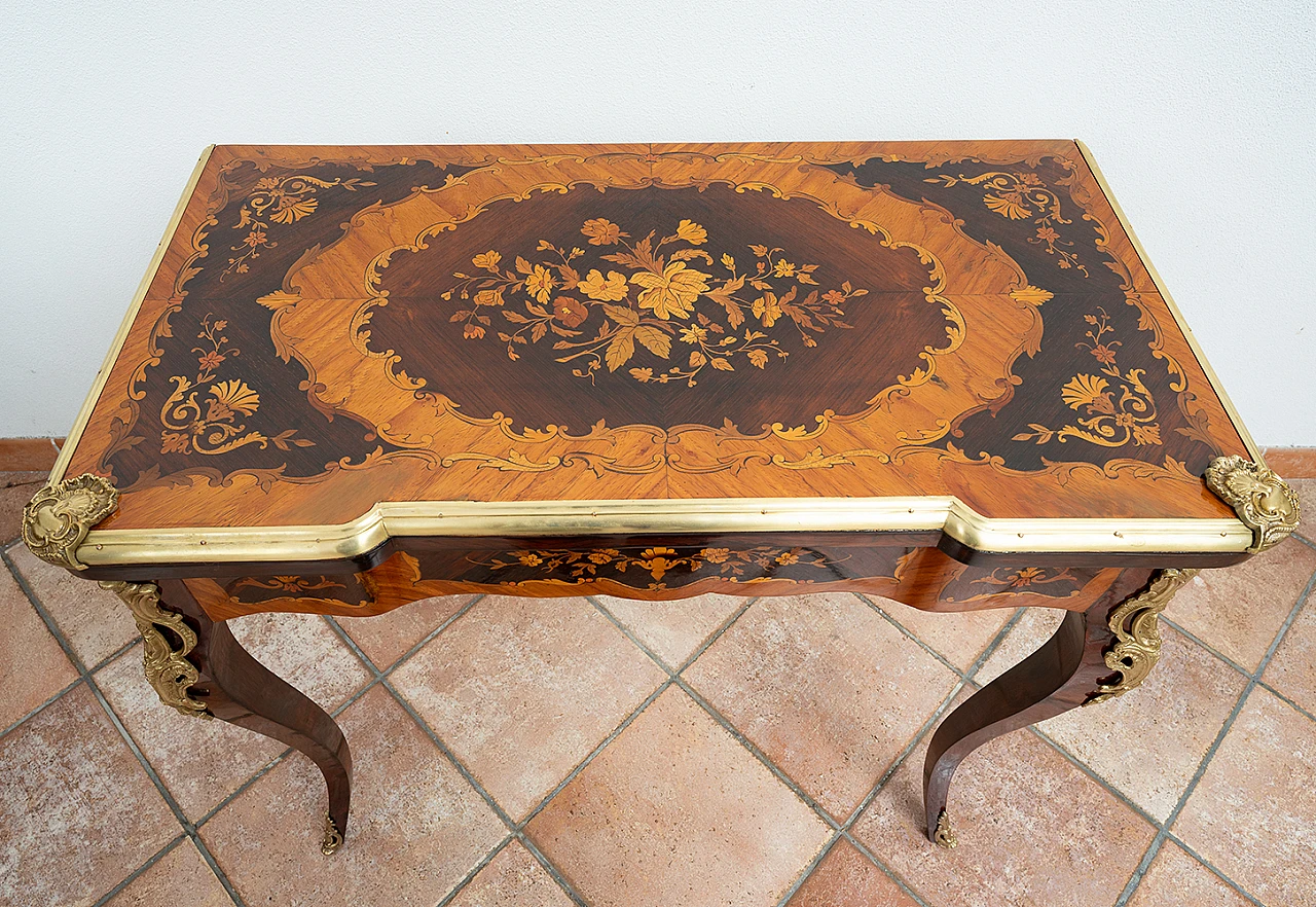 Napoleon III inlaid wood and bronze game side table, 19th century 2