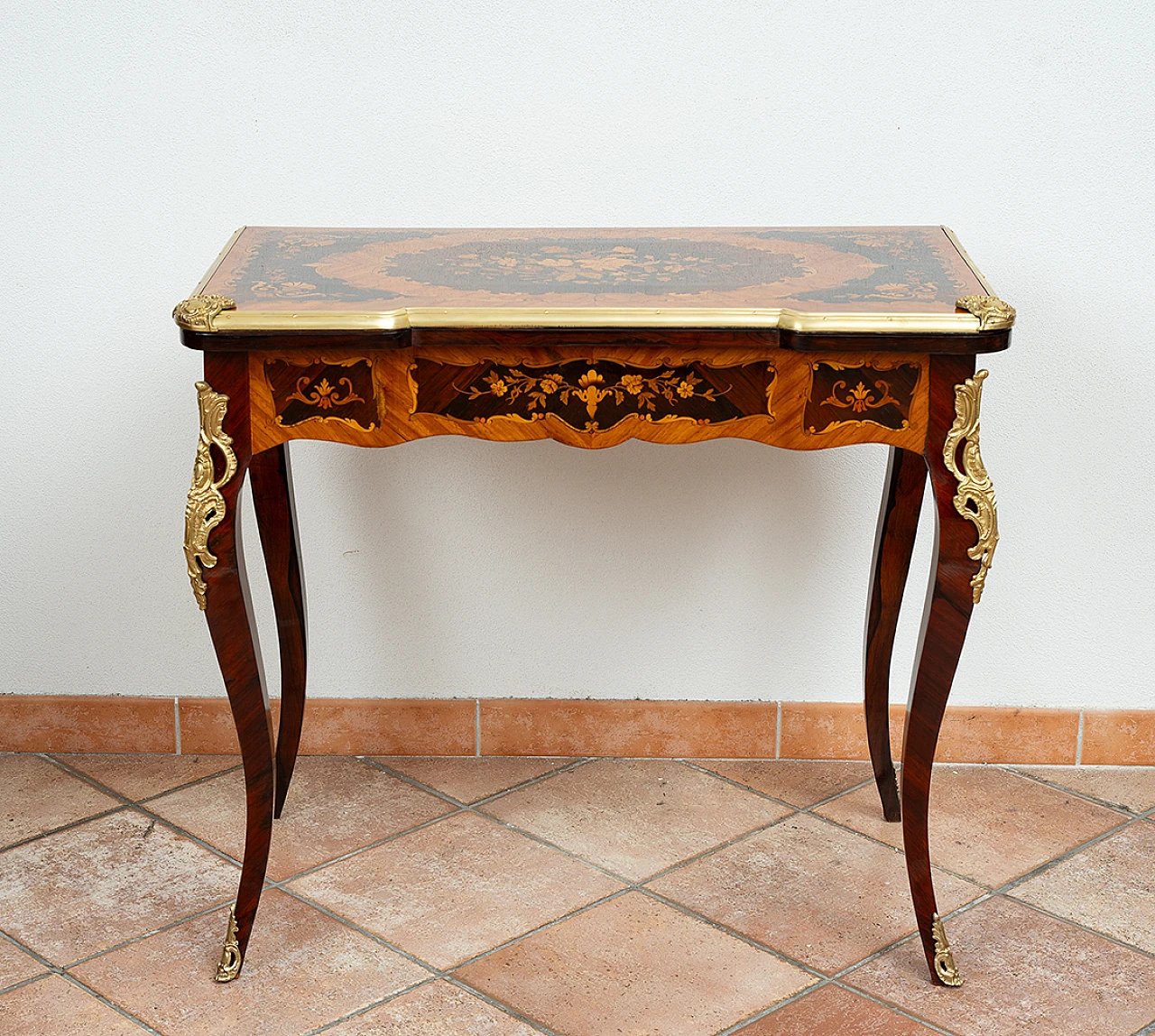 Tavolino da gioco Napoleone III in legno intarsiato e bronzo, '800 4