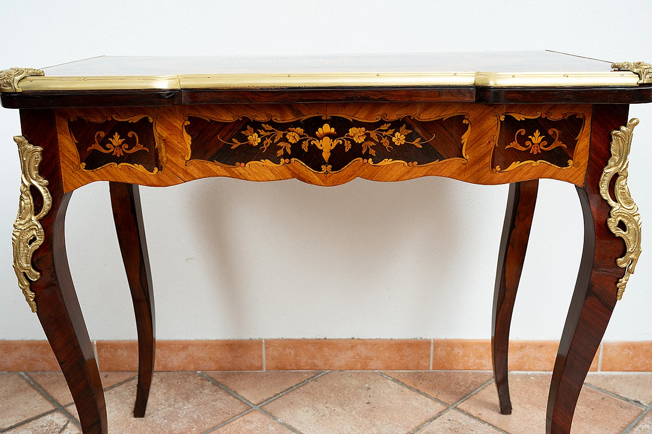 Tavolino da gioco Napoleone III in legno intarsiato e bronzo, '800 5