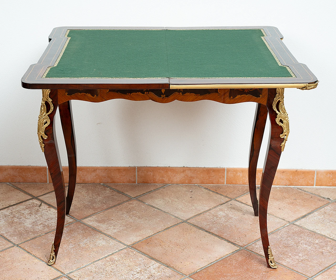 Tavolino da gioco Napoleone III in legno intarsiato e bronzo, '800 6