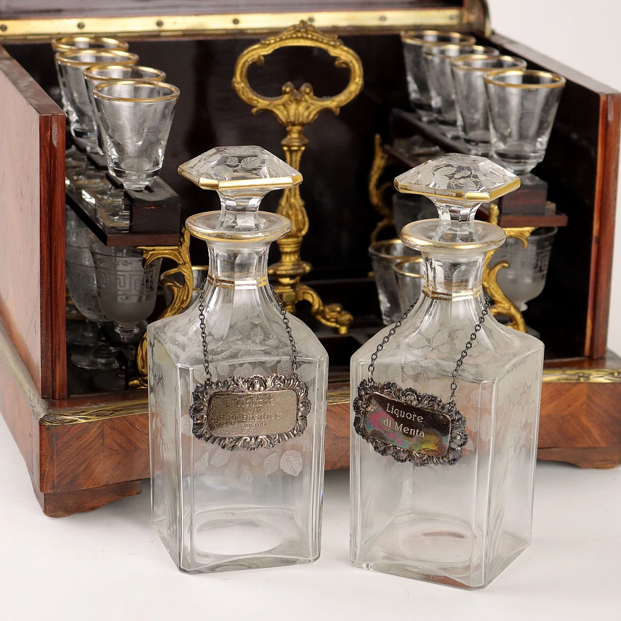 Bois de rose wooden liquor box with glasses & bottles, 19th century 5