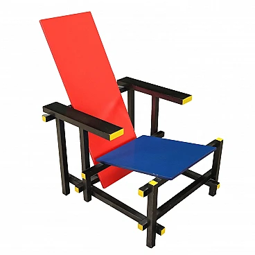 Red & Blue wooden armchair by Gerrit Rietveld For Cassina, 1980s