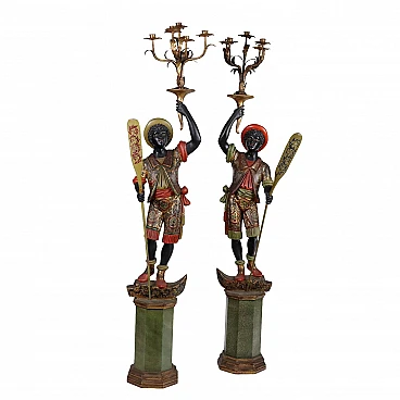 Pair of Moors torch holders in metal, carved wood & plate