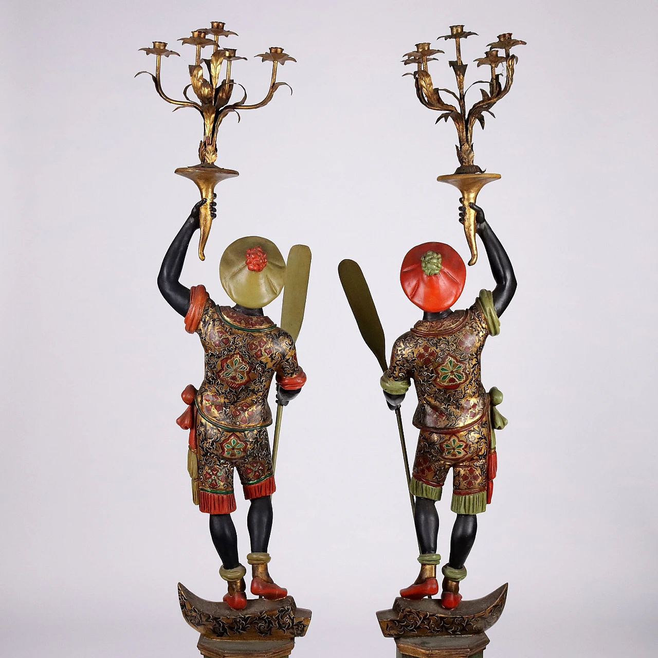 Pair of Moors torch holders in metal, carved wood & plate 2