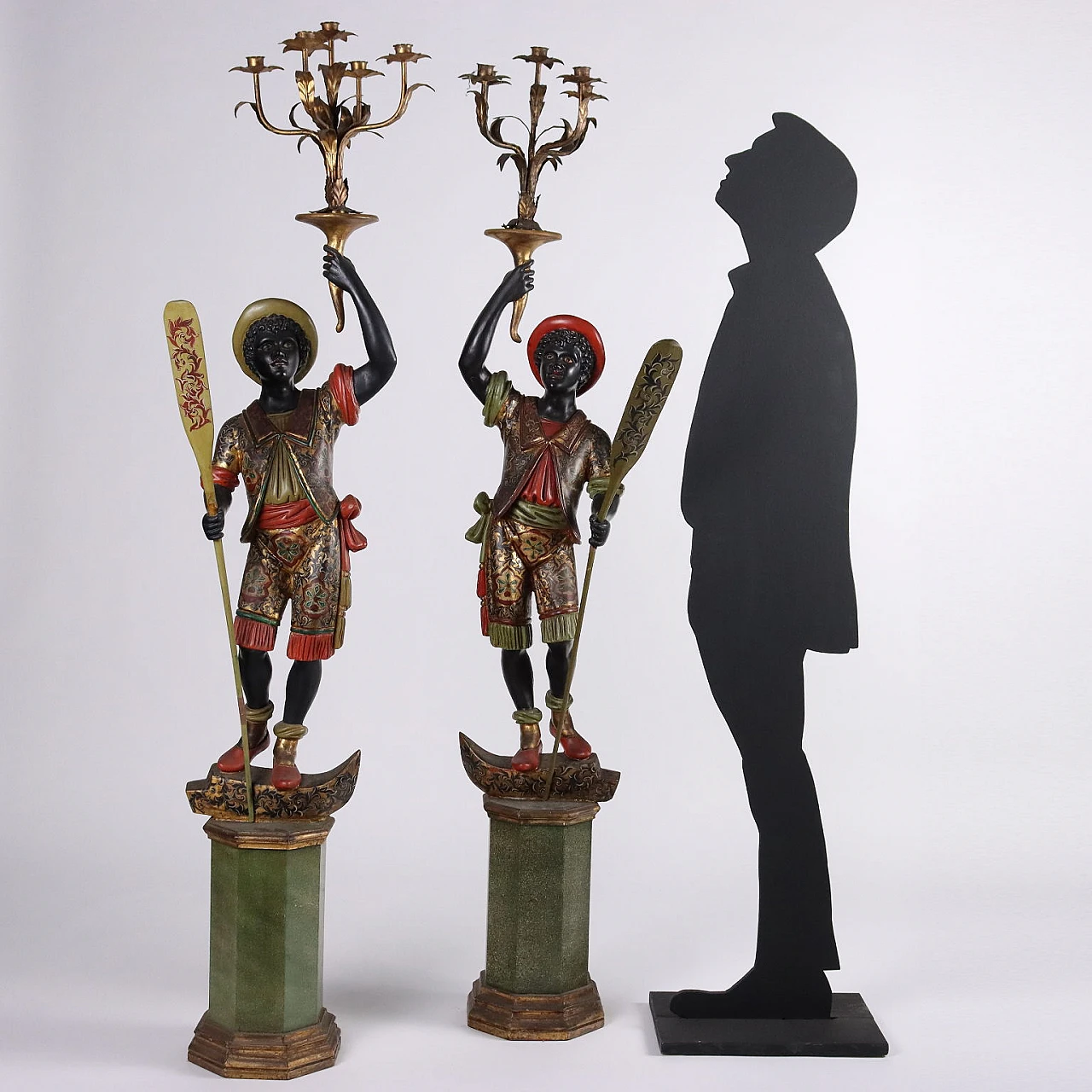 Pair of Moors torch holders in metal, carved wood & plate 3