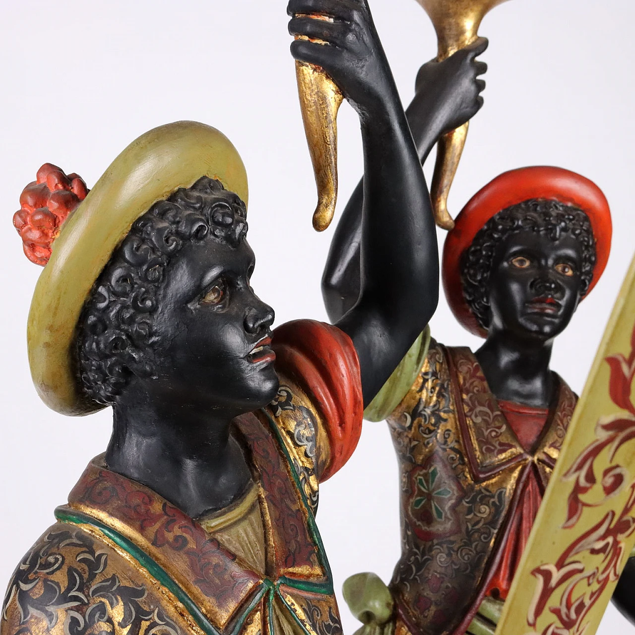 Pair of Moors torch holders in metal, carved wood & plate 4