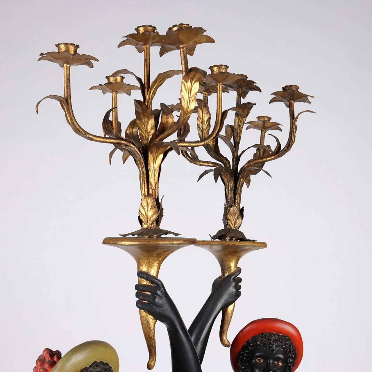 Pair of Moors torch holders in metal, carved wood & plate 10
