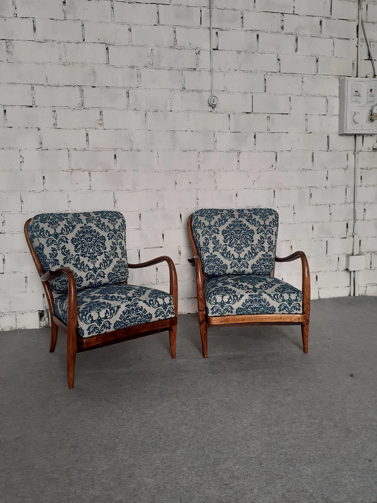 Pair of cherry wood armchairs with barocade fabric, 1940s 1