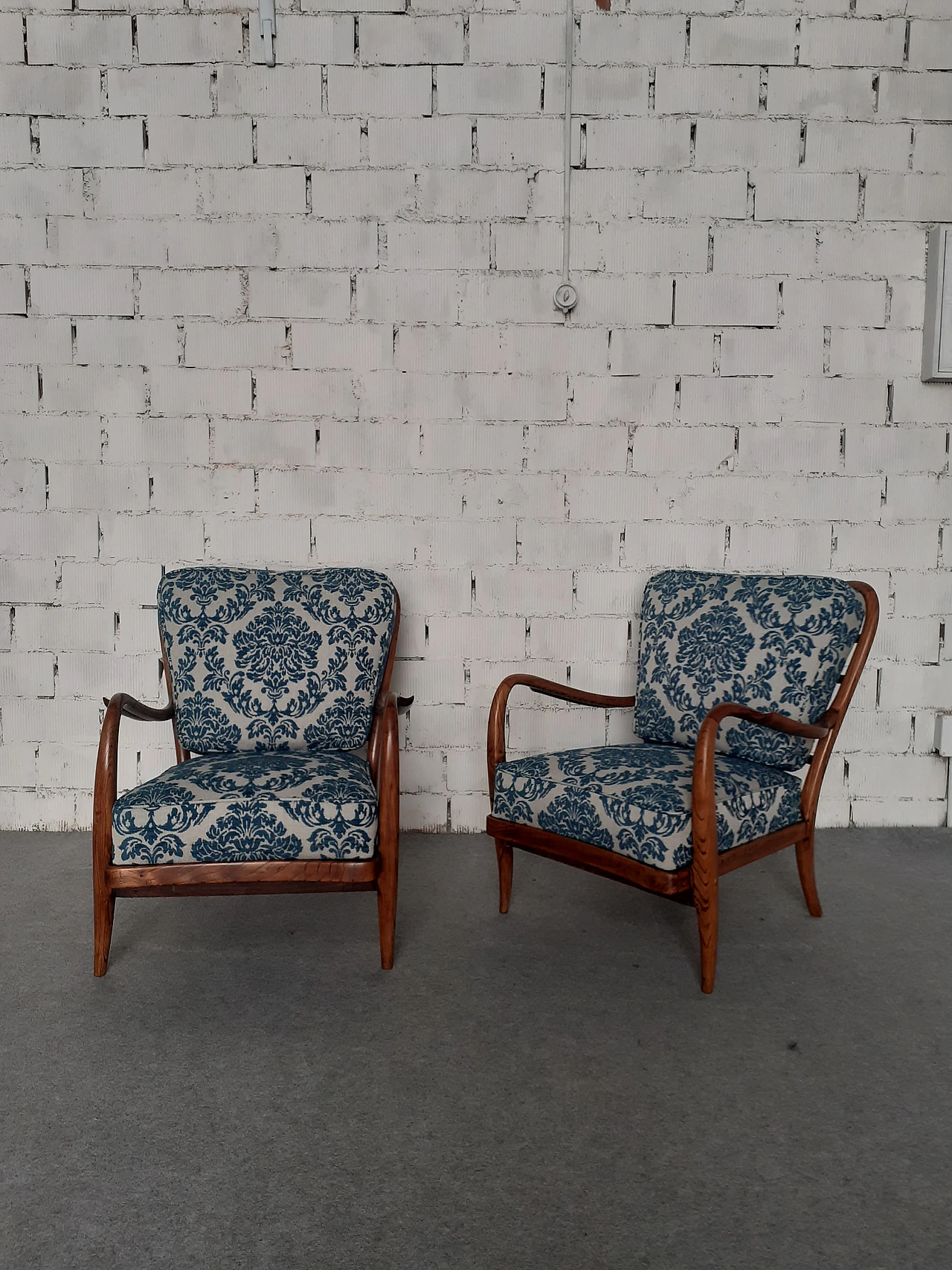 Pair of cherry wood armchairs with barocade fabric, 1940s 2
