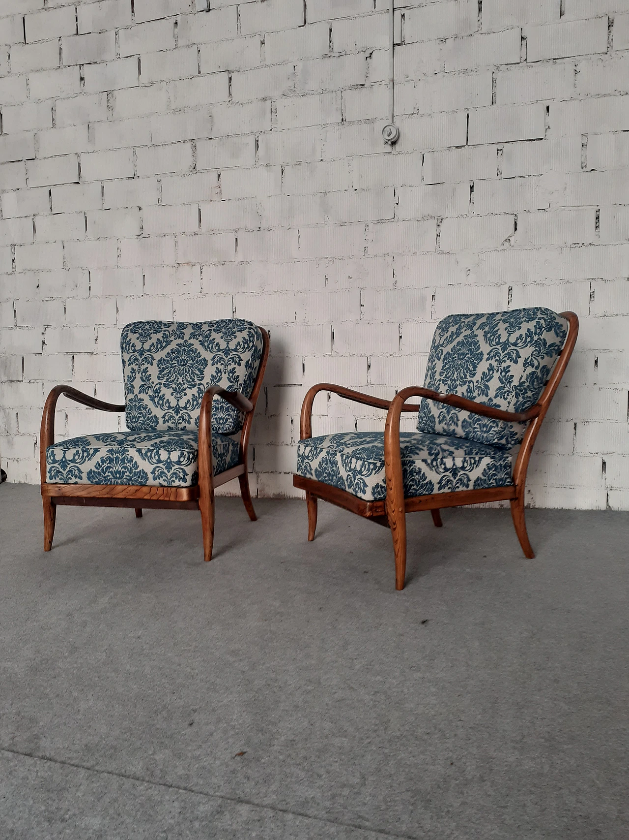 Pair of cherry wood armchairs with barocade fabric, 1940s 3