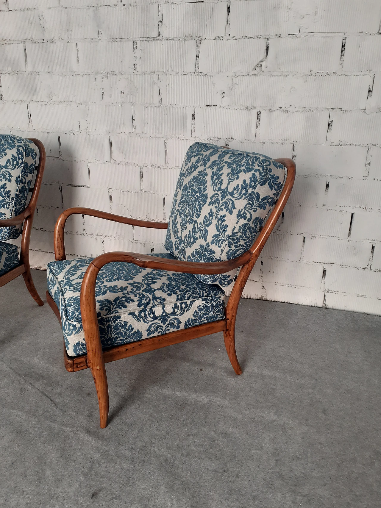 Pair of cherry wood armchairs with barocade fabric, 1940s 4