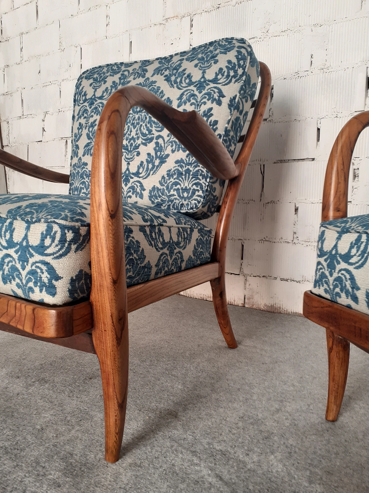 Pair of cherry wood armchairs with barocade fabric, 1940s 5