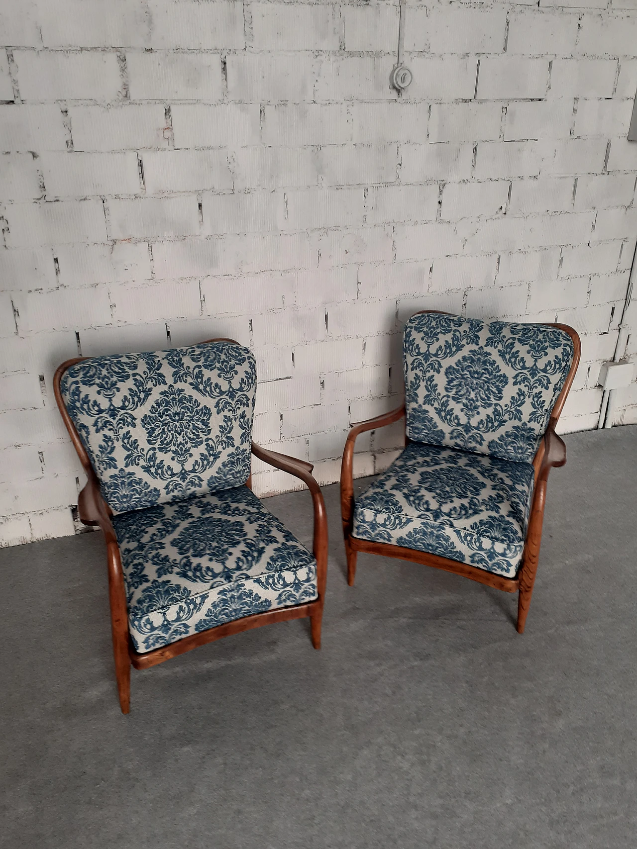 Pair of cherry wood armchairs with barocade fabric, 1940s 6