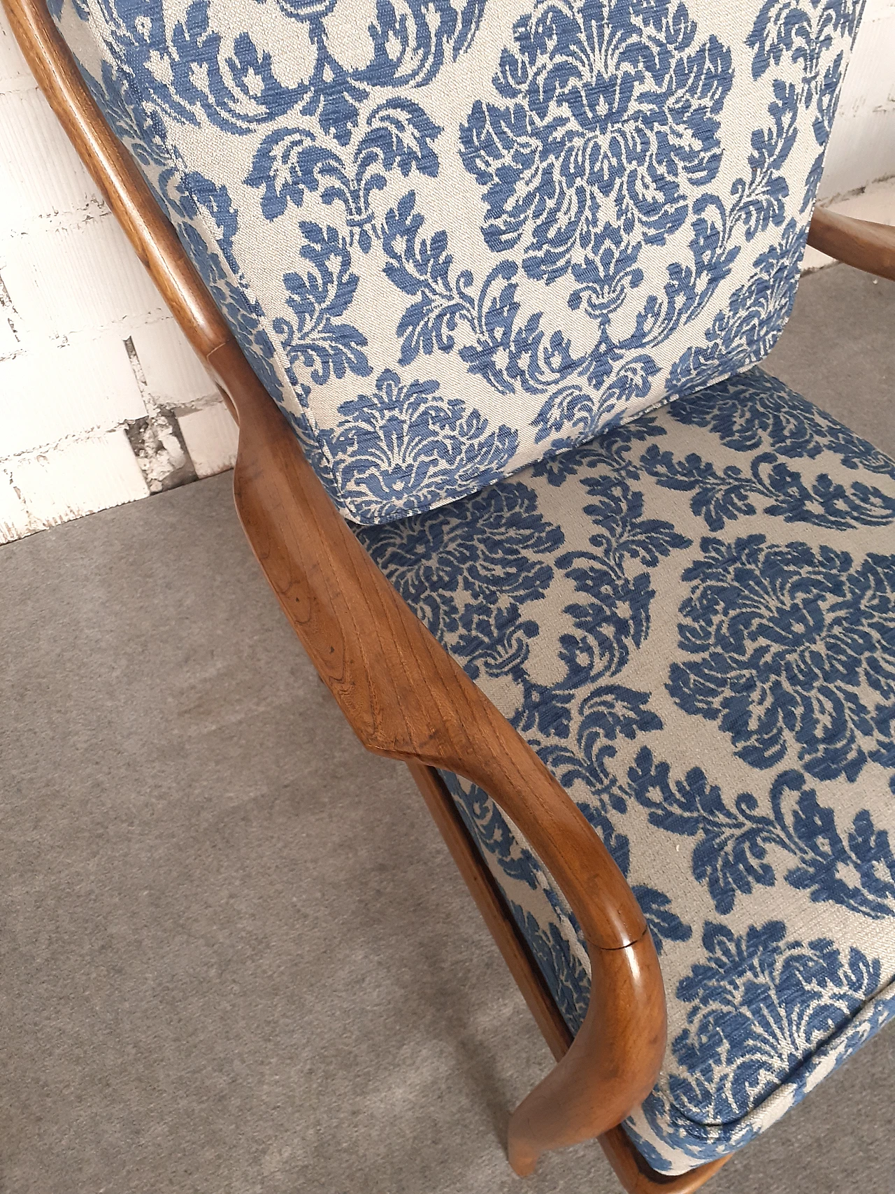 Pair of cherry wood armchairs with barocade fabric, 1940s 7