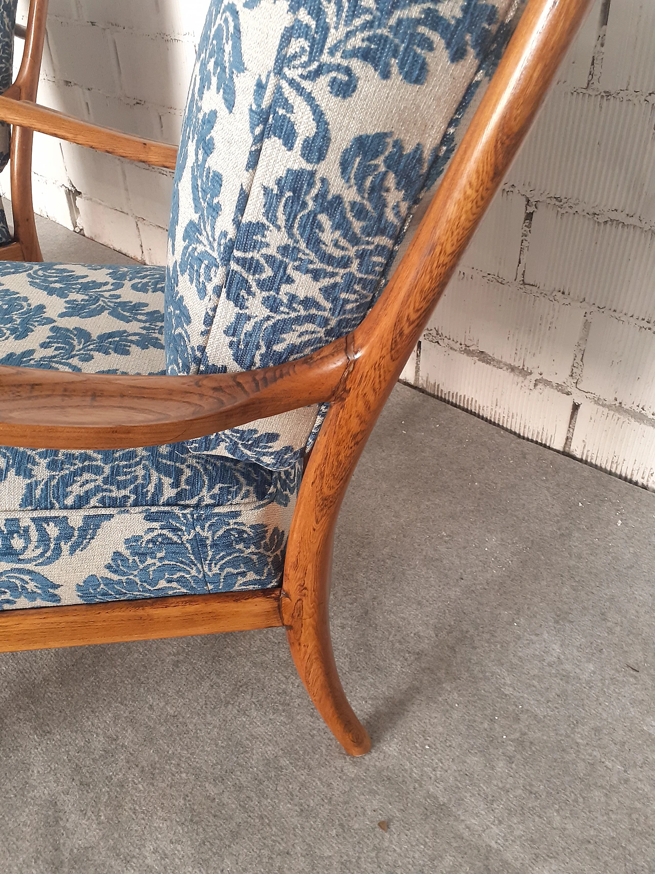 Pair of cherry wood armchairs with barocade fabric, 1940s 9
