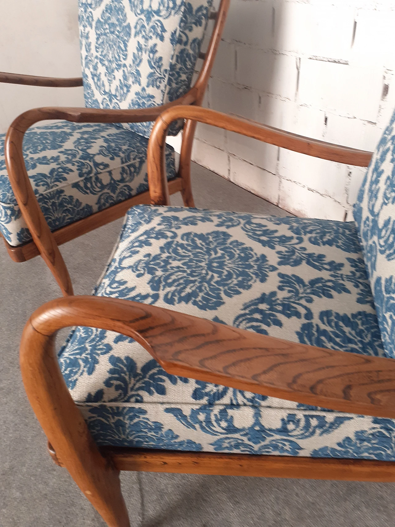 Pair of cherry wood armchairs with barocade fabric, 1940s 10