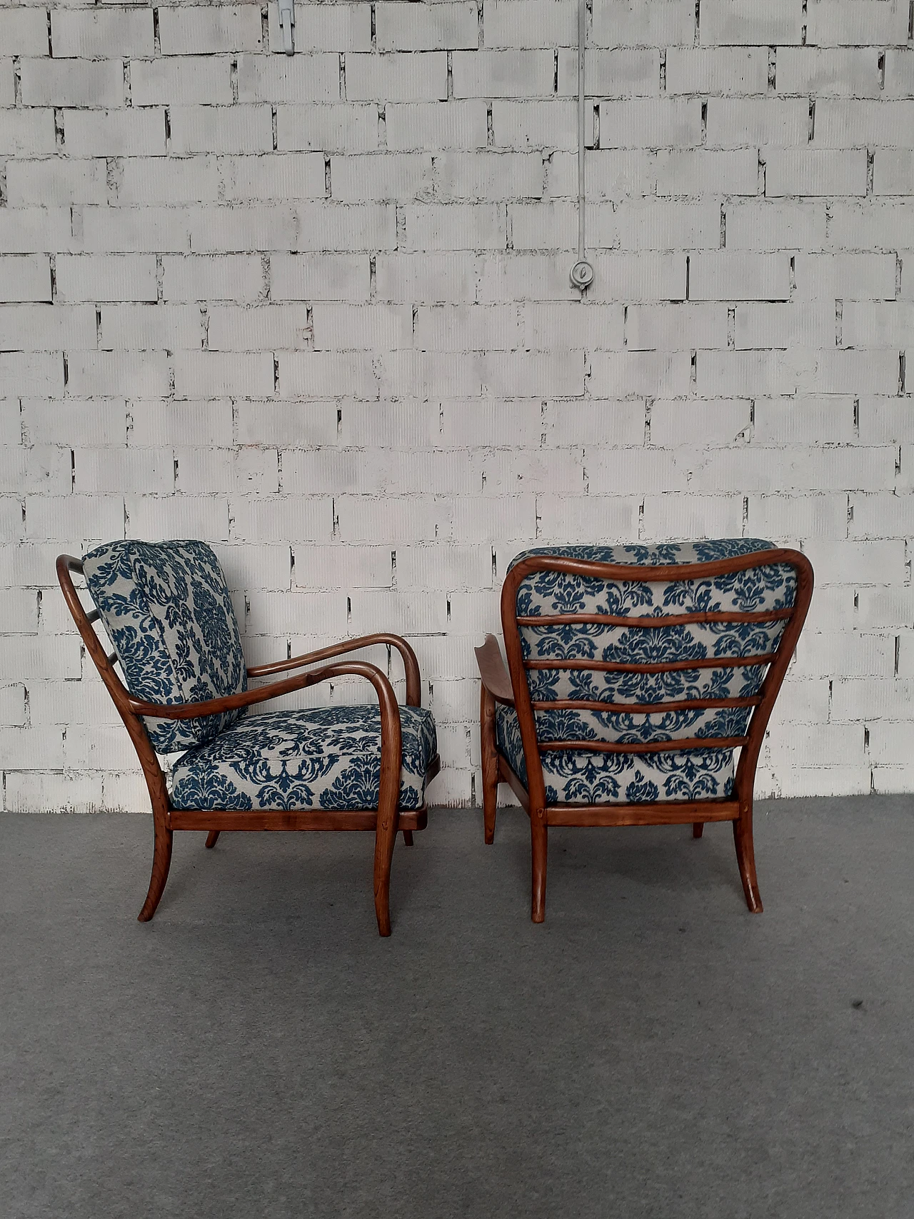 Pair of cherry wood armchairs with barocade fabric, 1940s 12