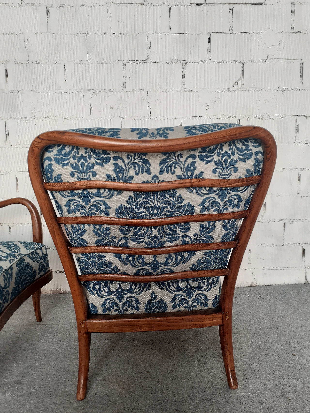 Pair of cherry wood armchairs with barocade fabric, 1940s 13