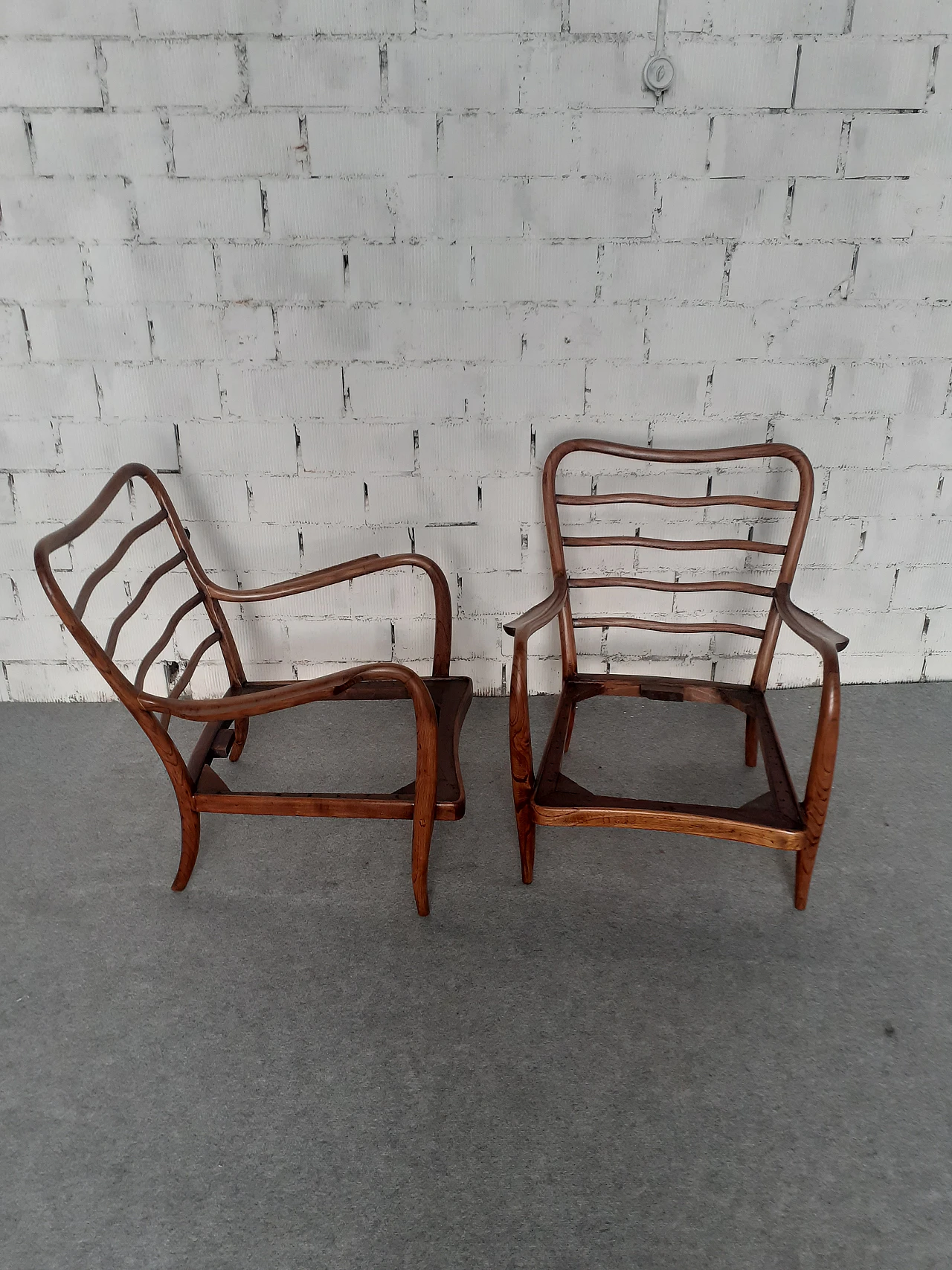 Pair of cherry wood armchairs with barocade fabric, 1940s 15