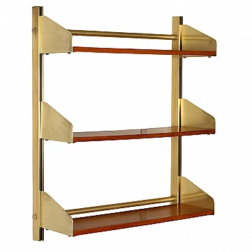 Mahogany veneered wood wall bookcase with brass-plated aluminium uprights by Feal, 1960s