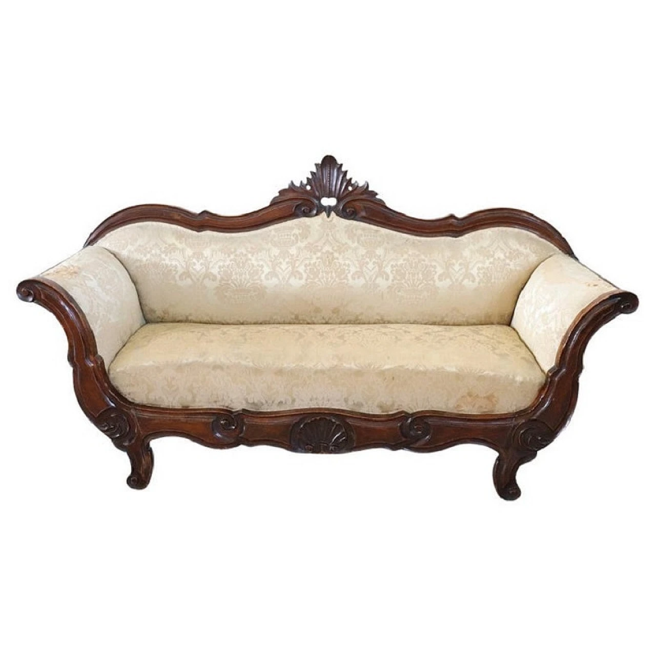 Hand-carved walnut wood sofa and brocade fabric, 19th century 1