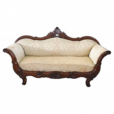 Hand-carved walnut wood sofa and brocade fabric, 19th century