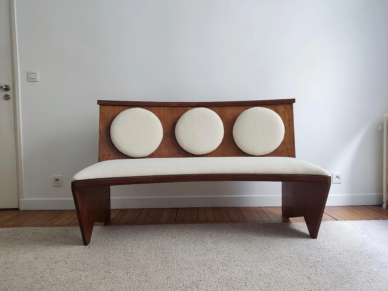 Curved wooden bench with ecru fabric, 1940s 1