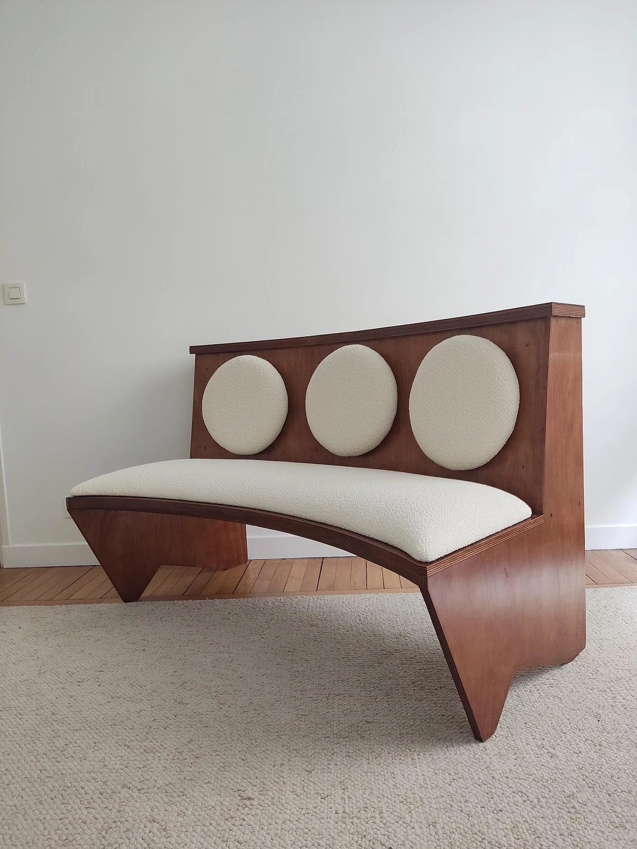 Curved wooden bench with ecru fabric, 1940s 2