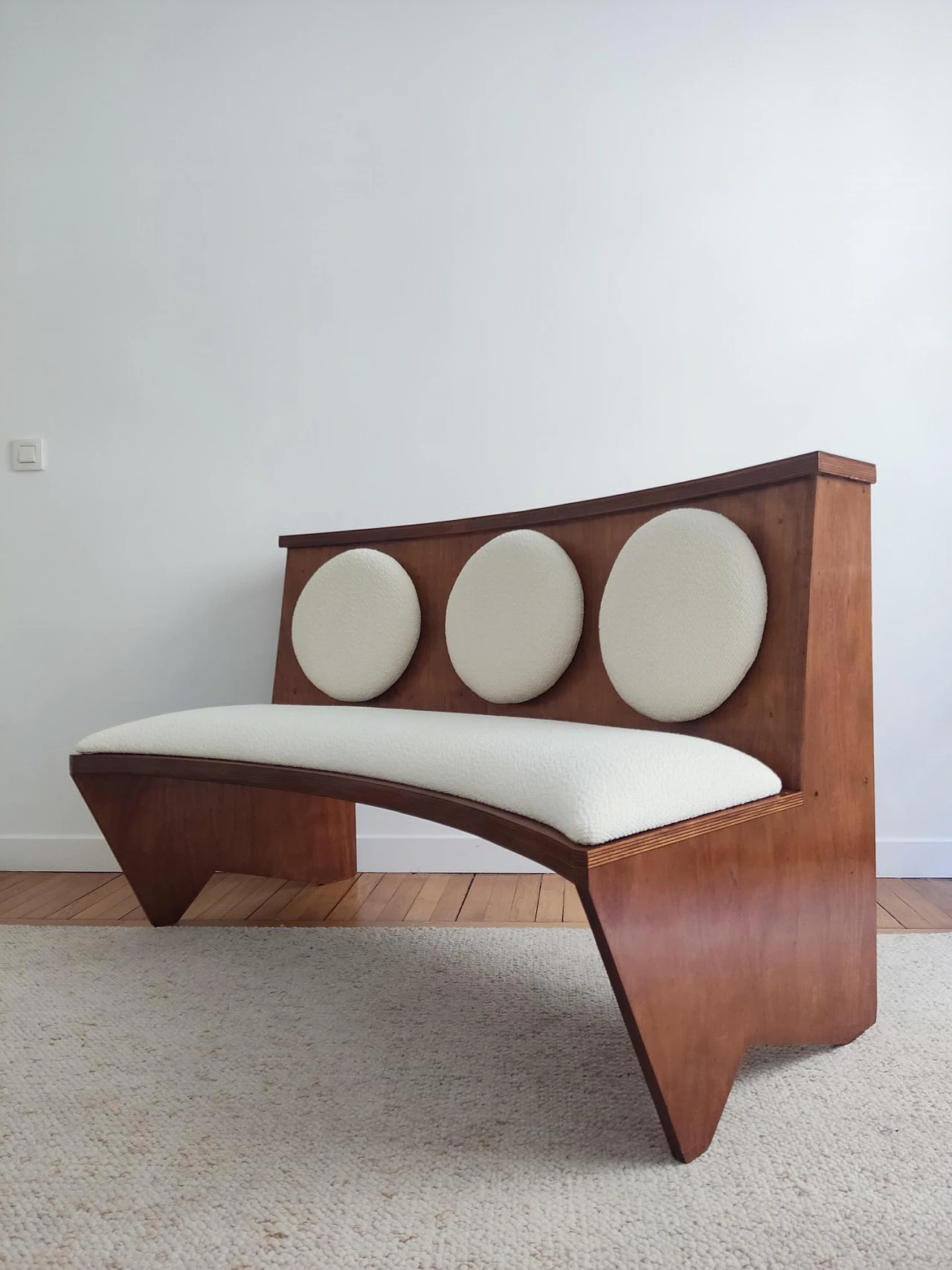 Curved wooden bench with ecru fabric, 1940s 3