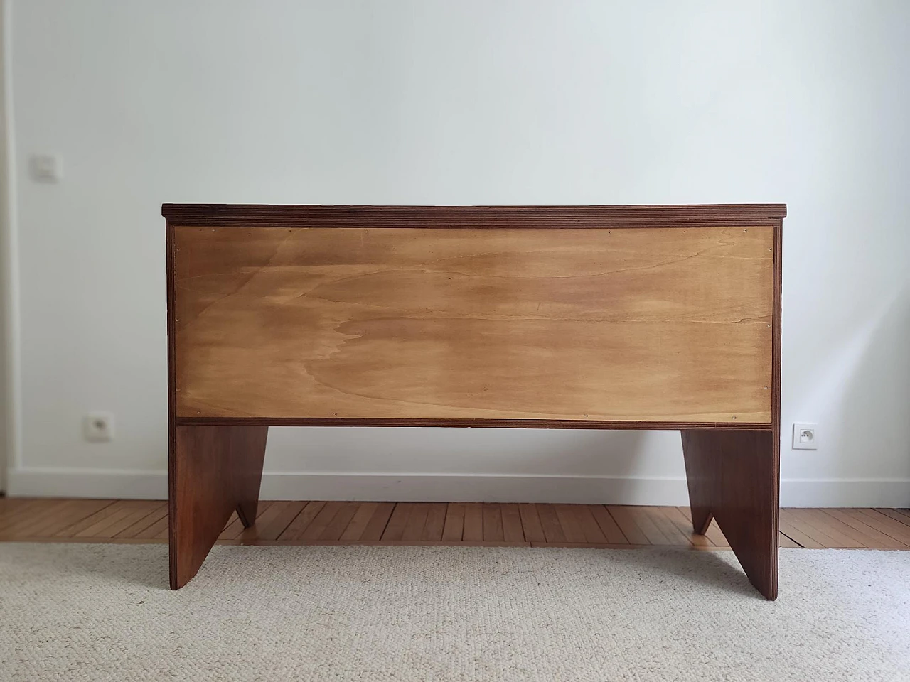 Curved wooden bench with ecru fabric, 1940s 4