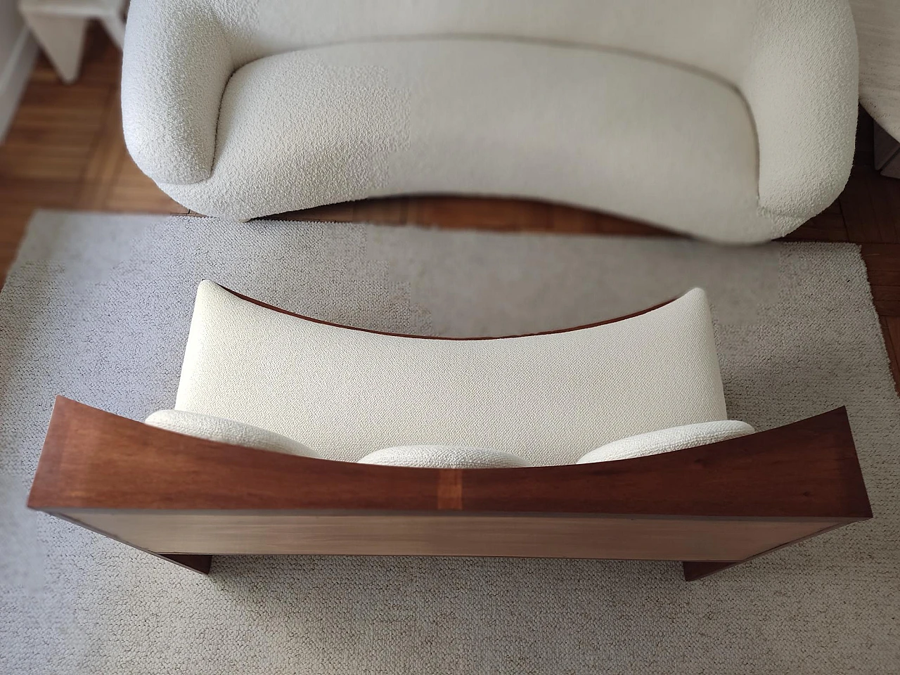 Curved wooden bench with ecru fabric, 1940s 6