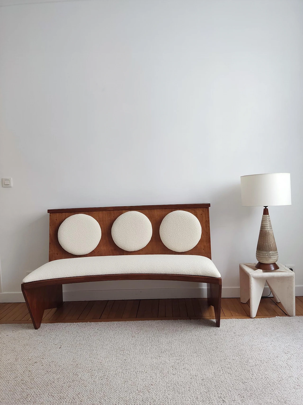 Curved wooden bench with ecru fabric, 1940s 8