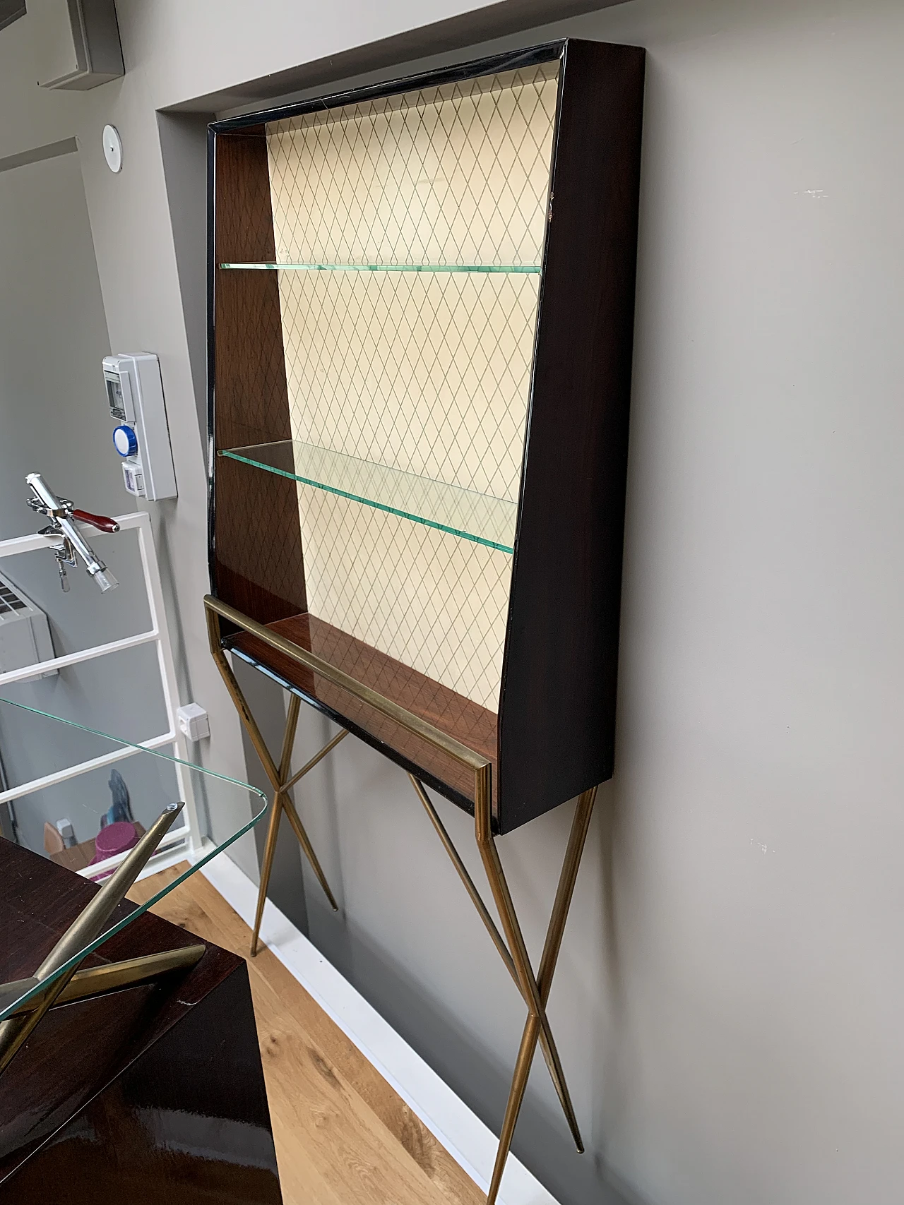 Wooden and brass bar cabinet & display cabinet, 1950s 3