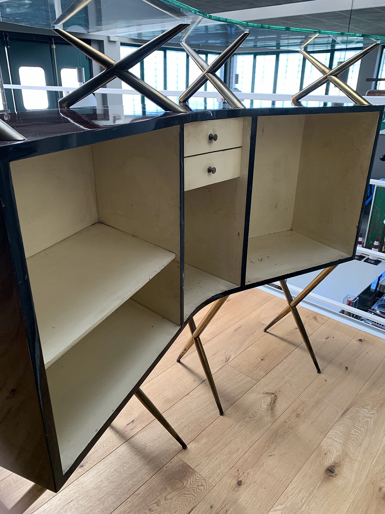 Wooden and brass bar cabinet & display cabinet, 1950s 4