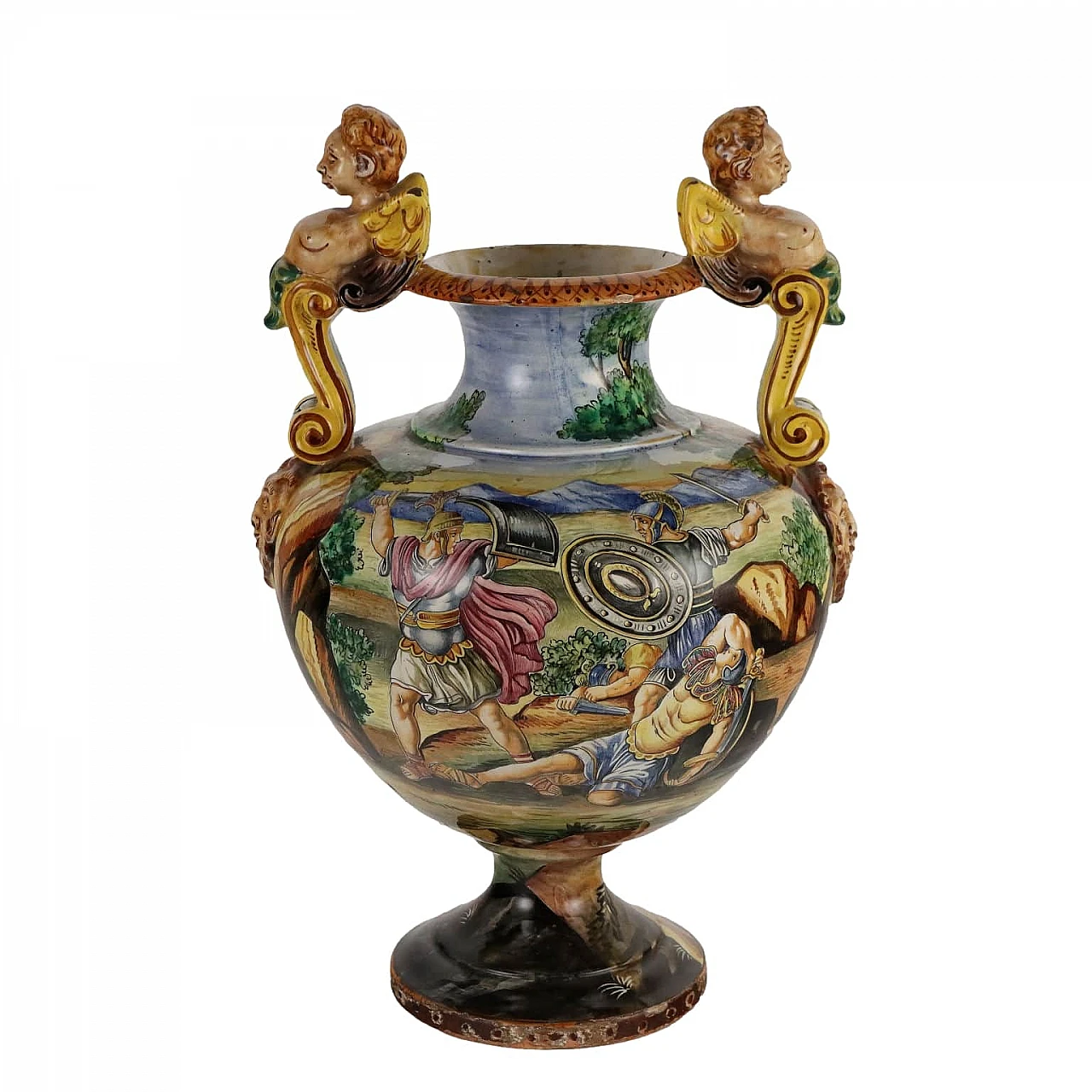 Vaso in maiolica dipinto con figure alate e maschere 1