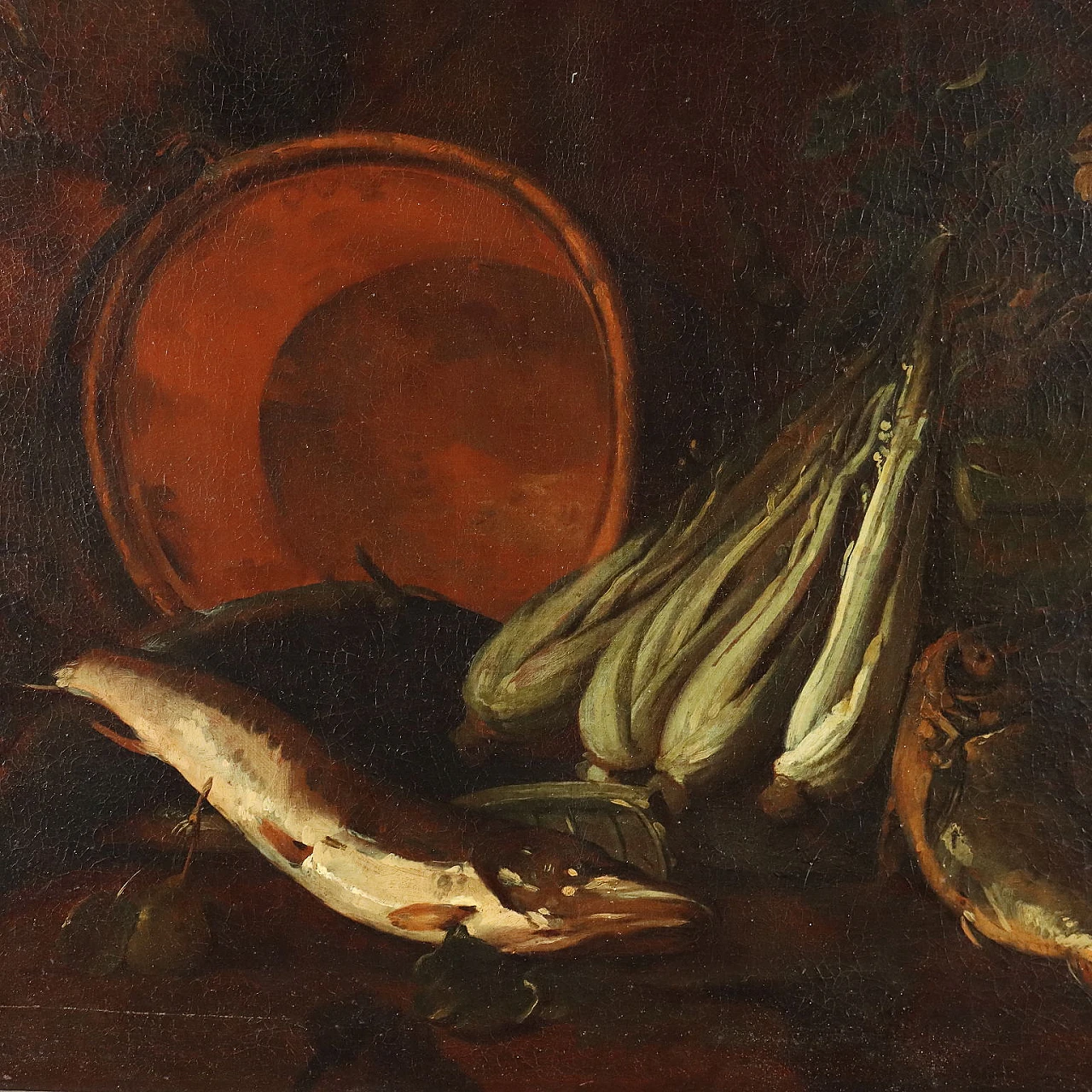 Still life with fish and vegetables, circle of  Felice Boselli, oil on canvas '700 1