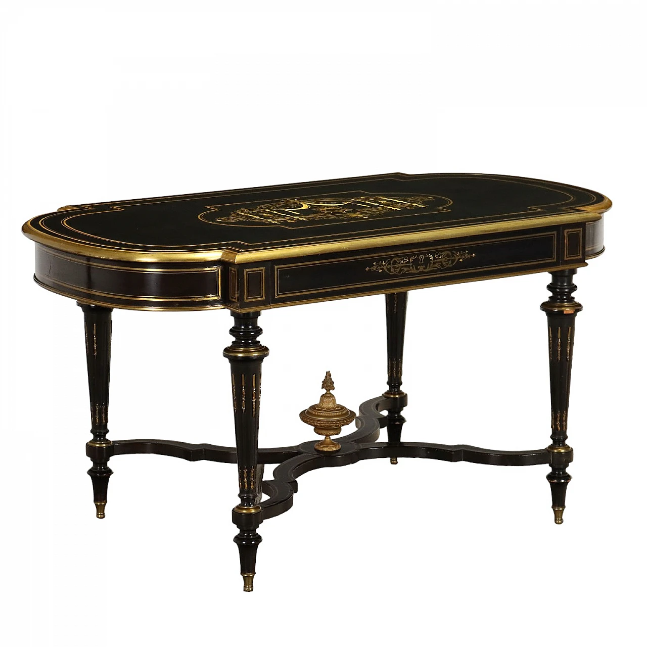 Desk in ebonised wood with bakelite, brass and mother-of-pearl inlays in Napoleon III style, early 20th century 1