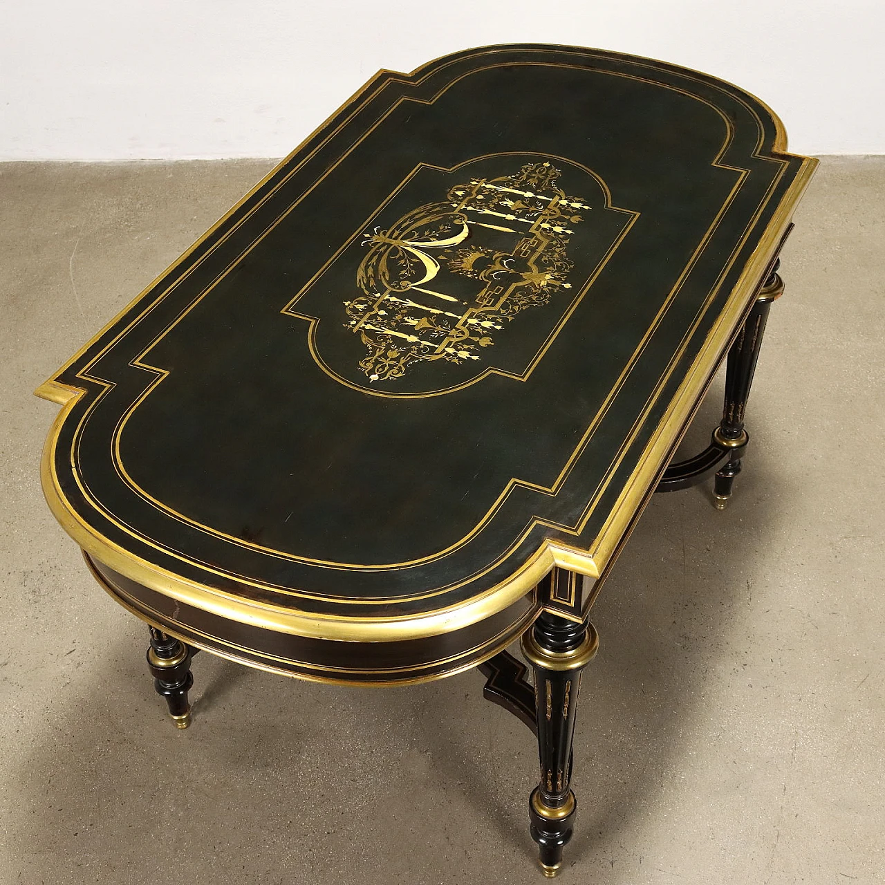 Desk in ebonised wood with bakelite, brass and mother-of-pearl inlays in Napoleon III style, early 20th century 3