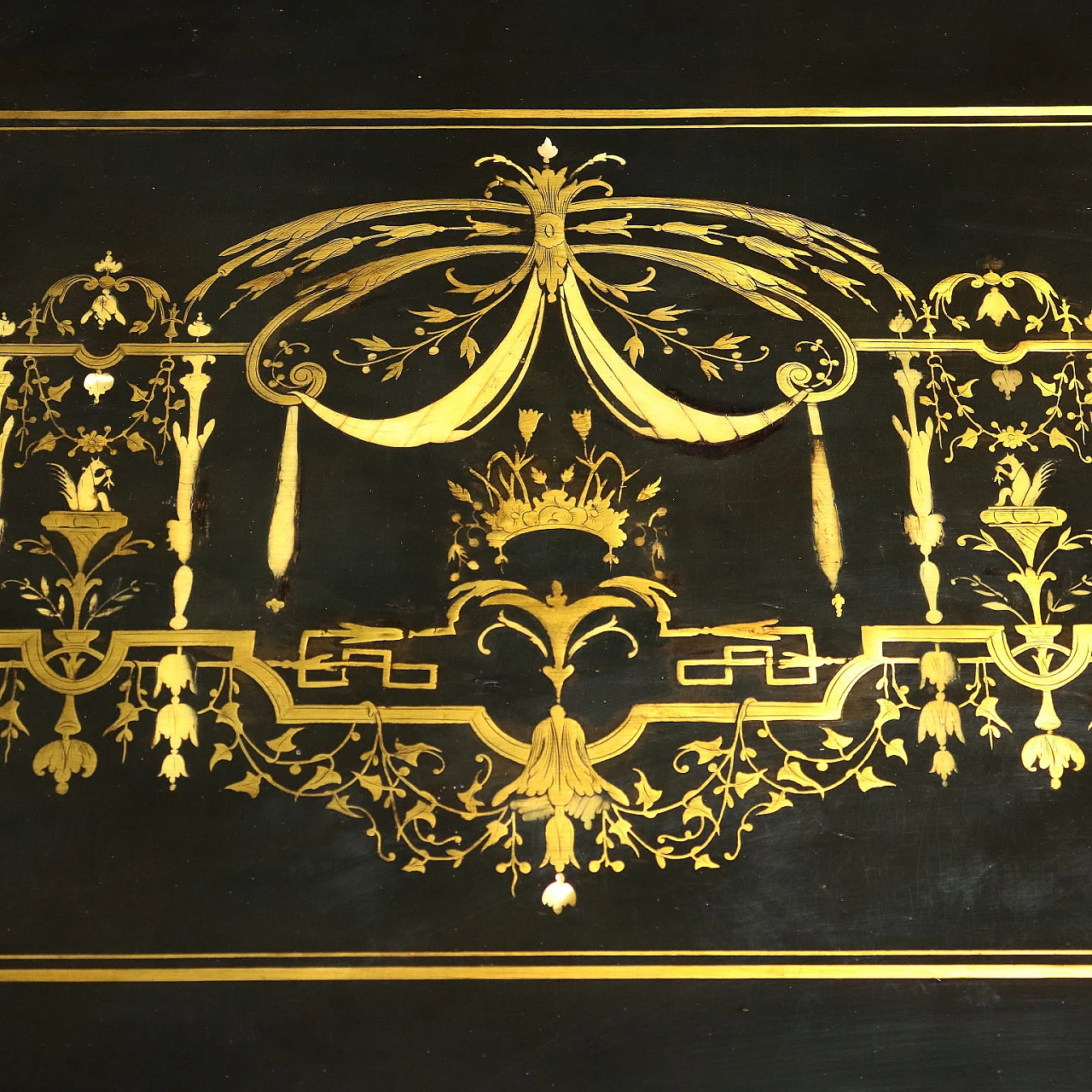 Desk in ebonised wood with bakelite, brass and mother-of-pearl inlays in Napoleon III style, early 20th century 4