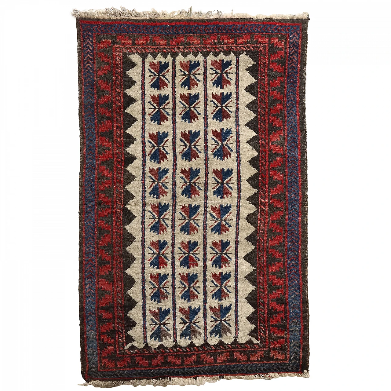 Iranian red, blue and beige wool Beluchi rug 1