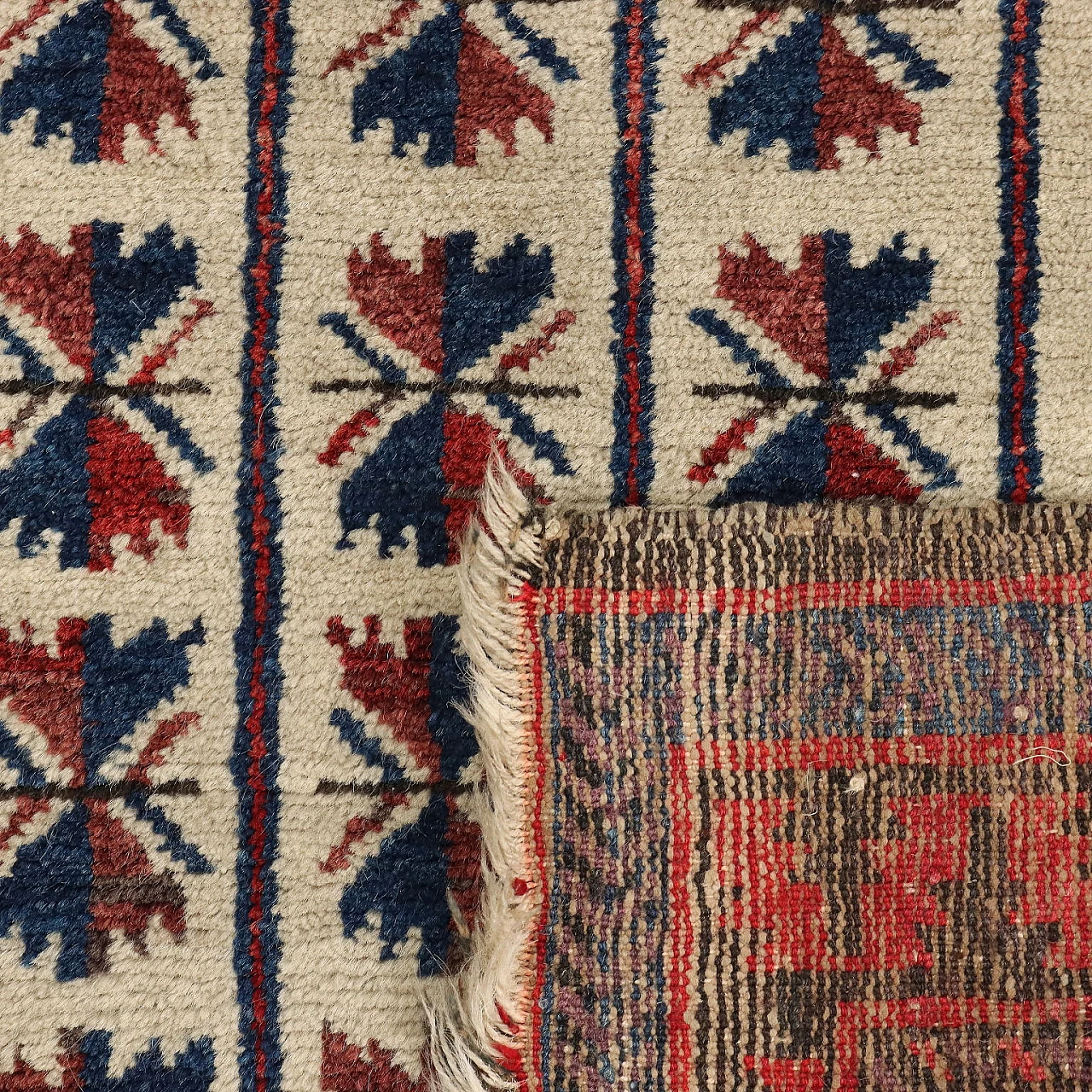 Iranian red, blue and beige wool Beluchi rug 8