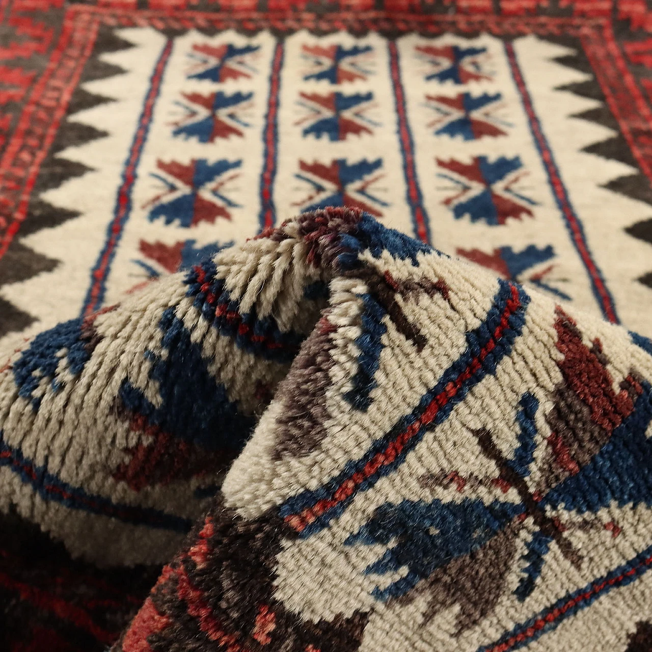 Iranian red, blue and beige wool Beluchi rug 9