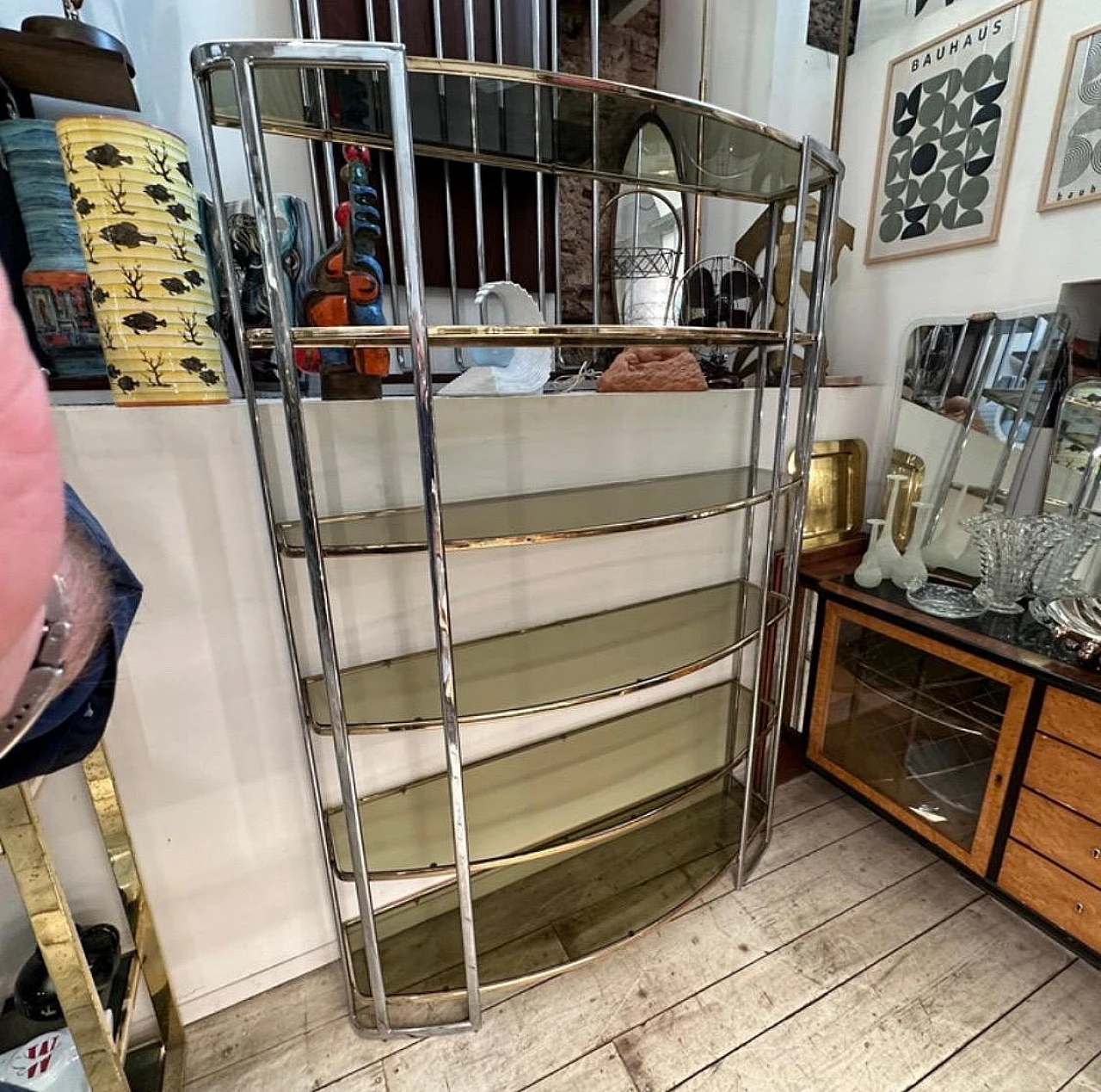 Metal and smoked glass bookcase in the style of Romeo Rega, 1960s 2