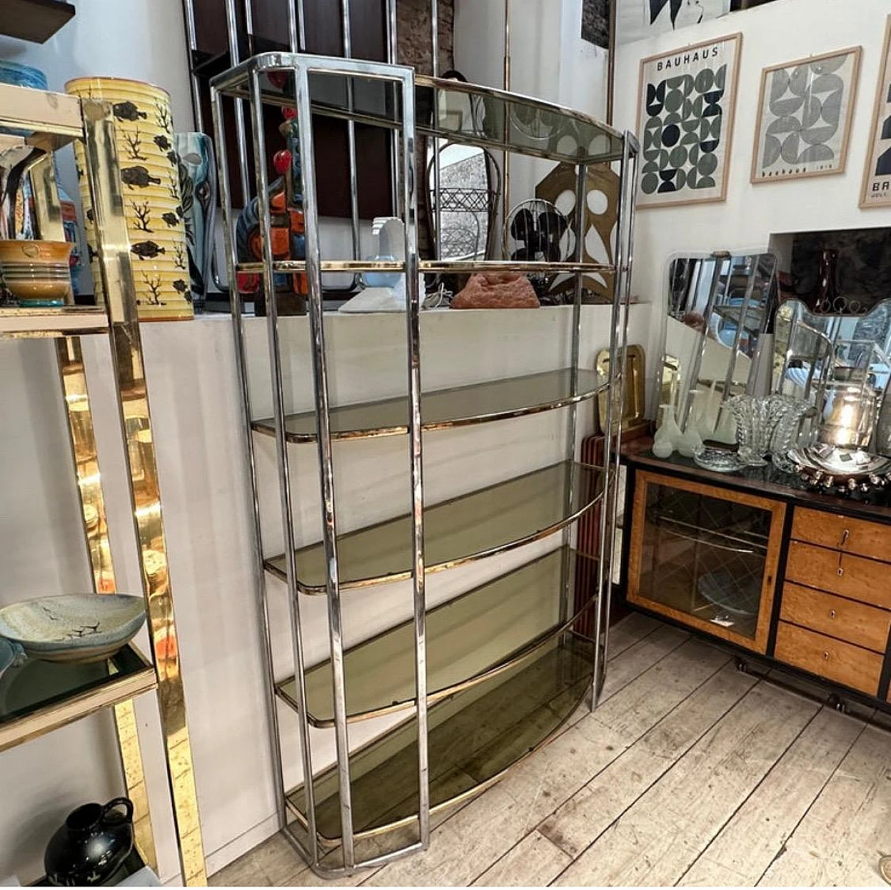 Metal and smoked glass bookcase in the style of Romeo Rega, 1960s 3