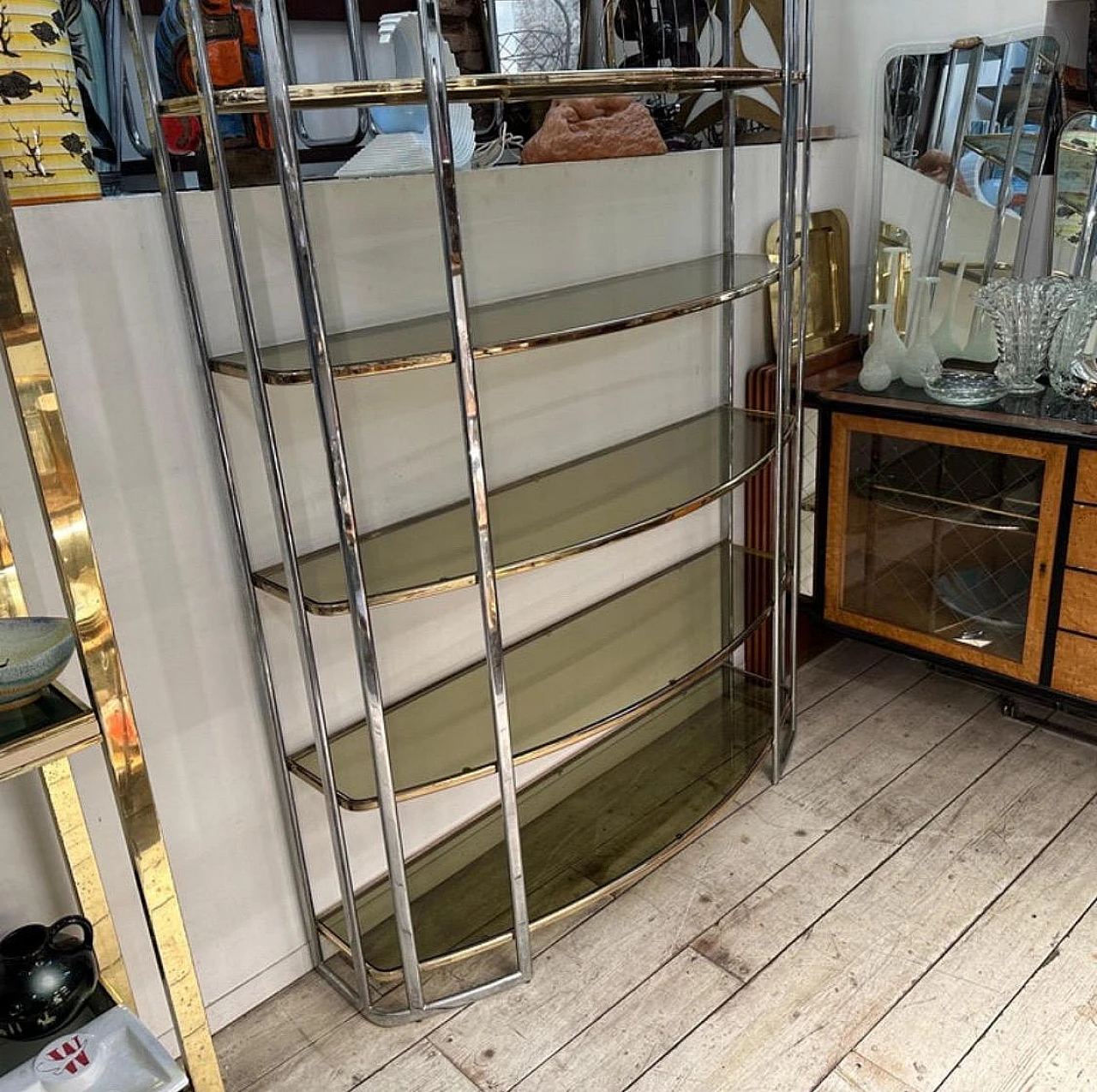Metal and smoked glass bookcase in the style of Romeo Rega, 1960s 9